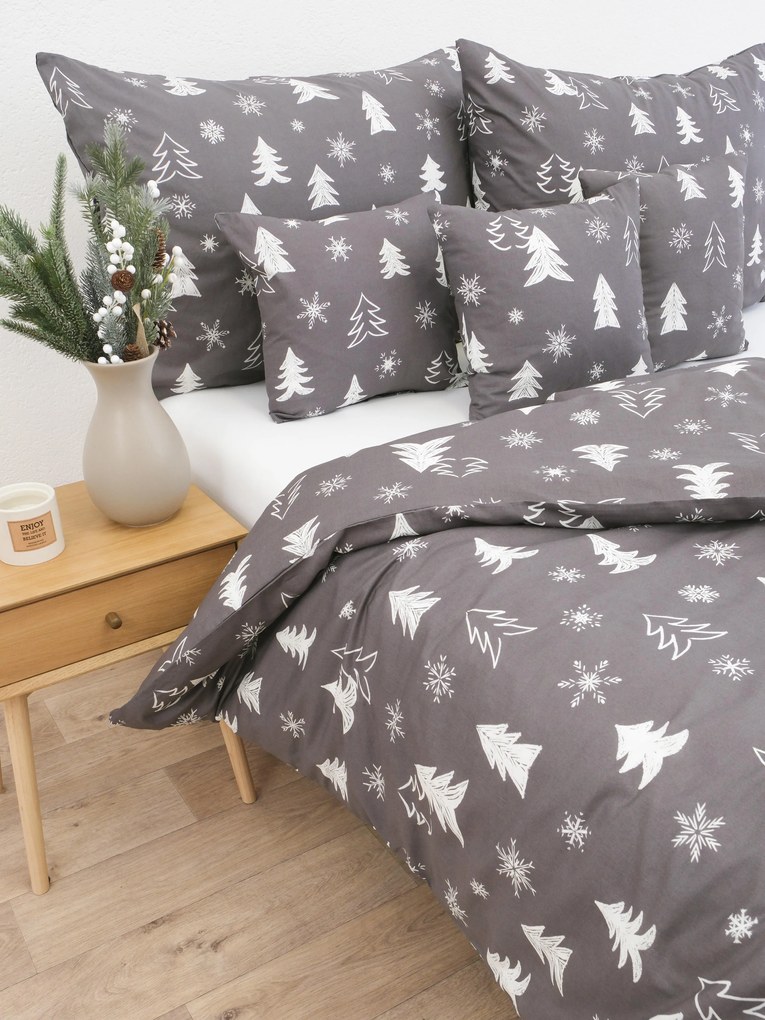 Vianočné predĺžené bavlnené obliečky Renforcé - Stromčeky sivé