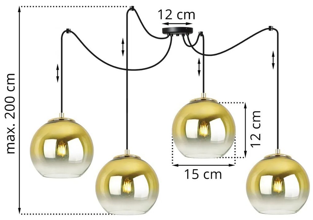 Závesné svietidlo BERGEN GOLD SPIDER, 4x zlaté/transparentné sklenené tienidlo (fi 15cm)