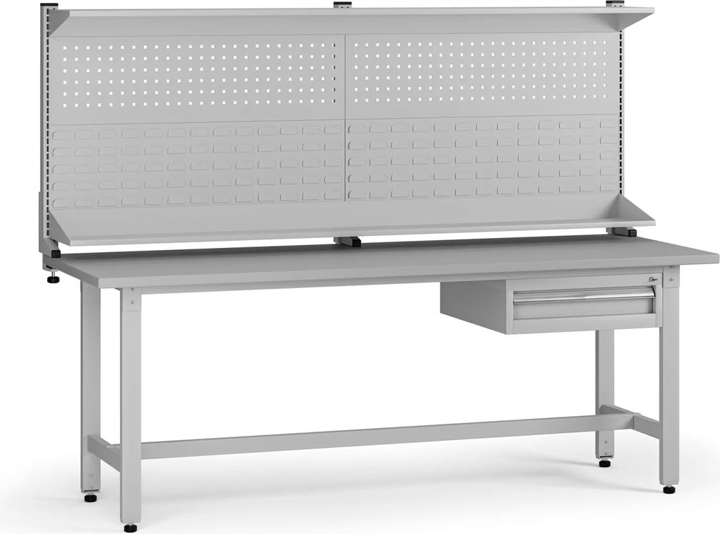 Výškovo nastaviteľný dielenský stôl G5 s nadstavbou, 2100 x 750 x 800-1000 mm, 1x kontajner, 1 zásuvka, sivá