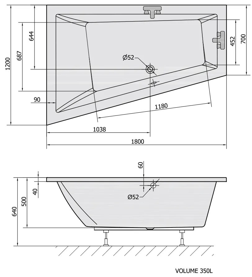 Polysan, TRIANGL L asymetrická vaňa 180x120x50cm, biela, 19611