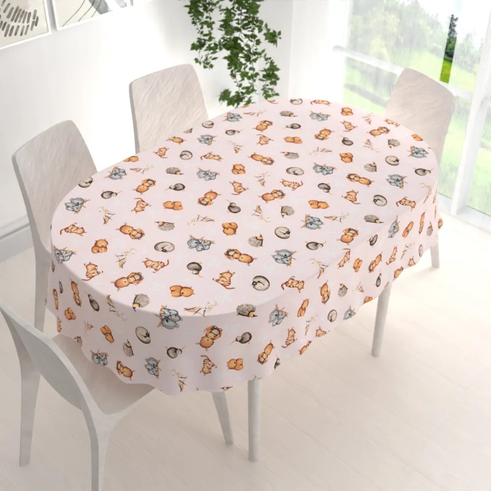 Biante Detský bavlnený oválny obrus Sandra SA-533 Austrálske zvieratká na ružovom 50x100 cm