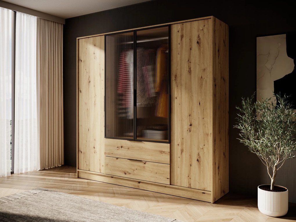 Šatníková skriňa Kelly 4D RM s tyčou 206 cm dub artisan