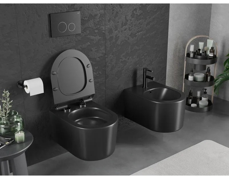 Mexen Sofia, závesná WC misa 490x360x355 mm, Rimless Tornádo + WC sedadlo z duroplastu, čierna matná, 30540185T