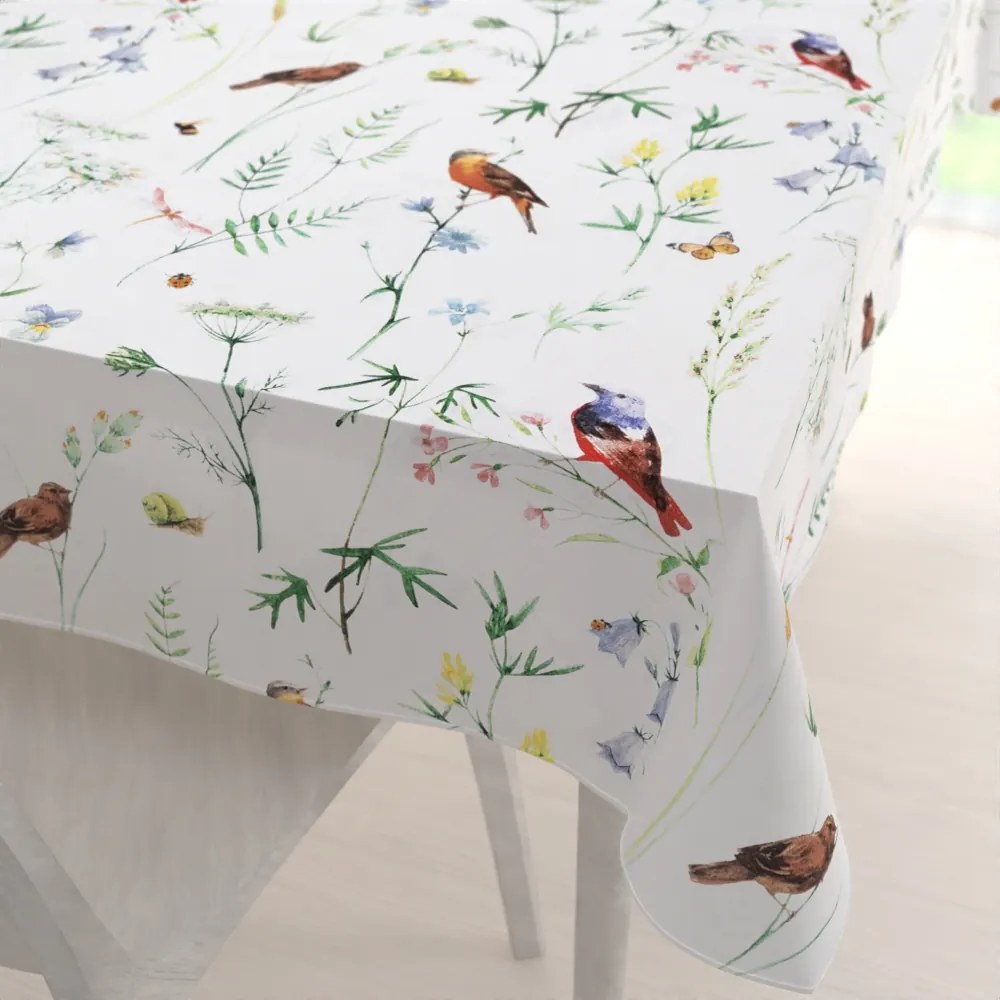 Biante Bavlnený obdĺžnikový obrus Sandra SA-392 Lúčne kvietky s vtáčikmi 60x100 cm