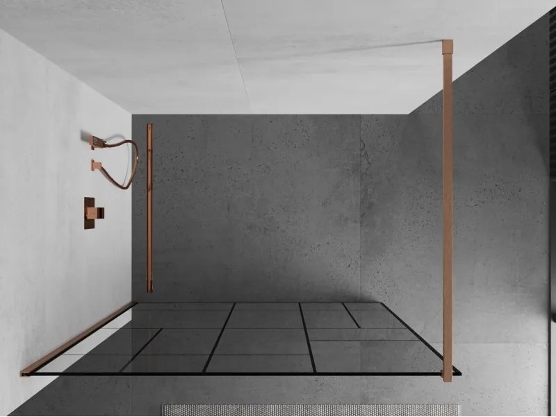 Mexen Kioto, sprchová zástena Walk-In 140 x 200 cm, 8mm číre sklo čierny vzor, medený matný profil, 800-140-101-65-78