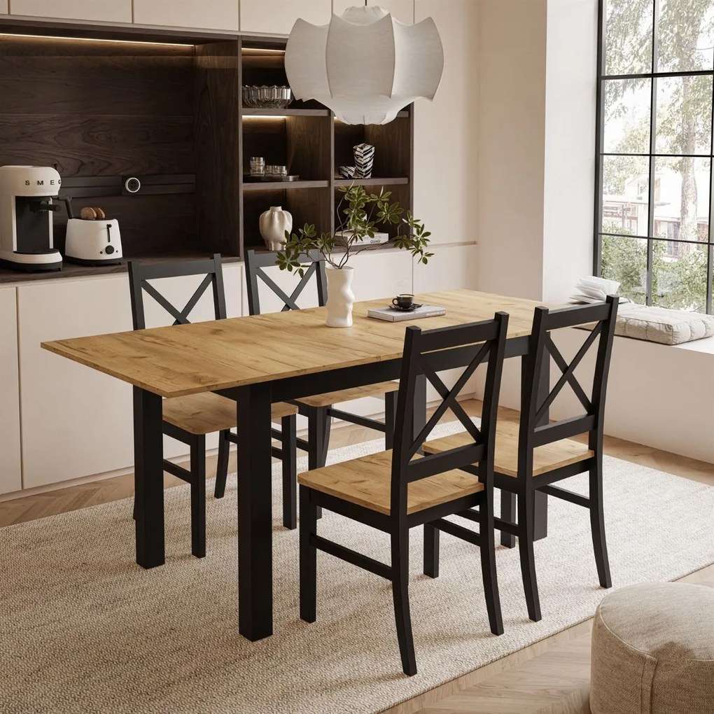 ROZKLÁDACÍ JEDÁLENSKÝ STÔL DANILO ČIERNY + DUB CRAFT ZLATÝ 140 / 195 cm + 4 STOLIČKY