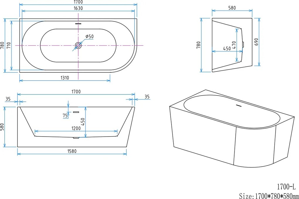Erga Zara, rohová voľne stojaca vaňa 160x75 cm + odtoková zátka, ľavá, biela lesklá, ERG-ZARA-160075L-WH-WH