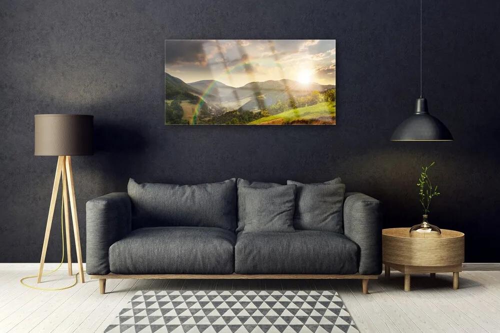 Skleneny obraz Lúka hory západ slnka 100x50 cm