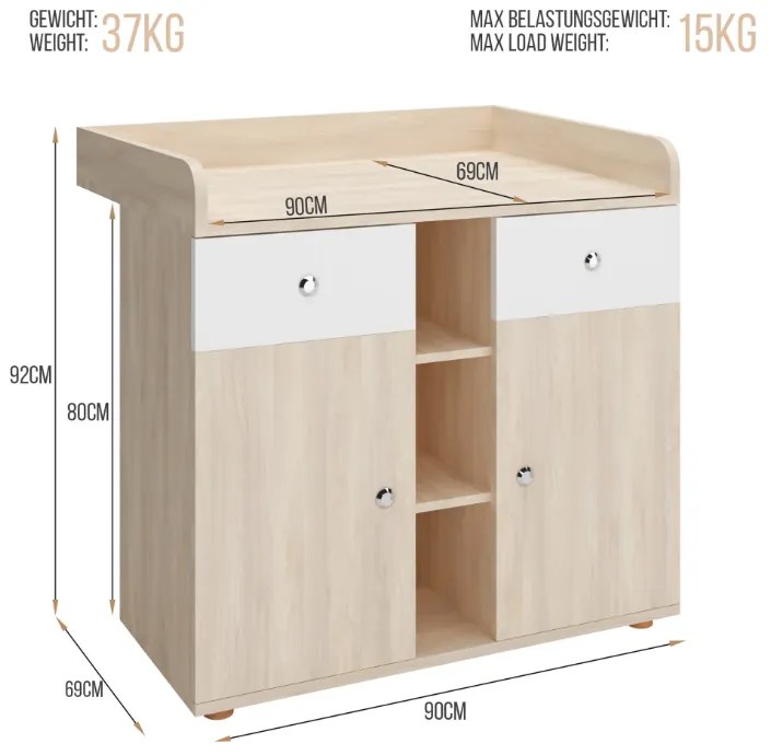 Prebaľovacia komoda vo farebnom prevedení dub, 92 cm
