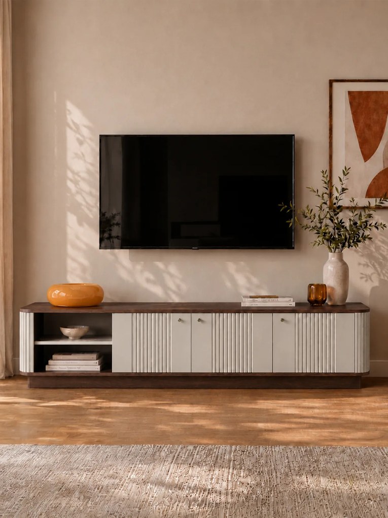 TV skrinka Vespera 4D 187 cm na sokli - kašmírová / orech / čierna