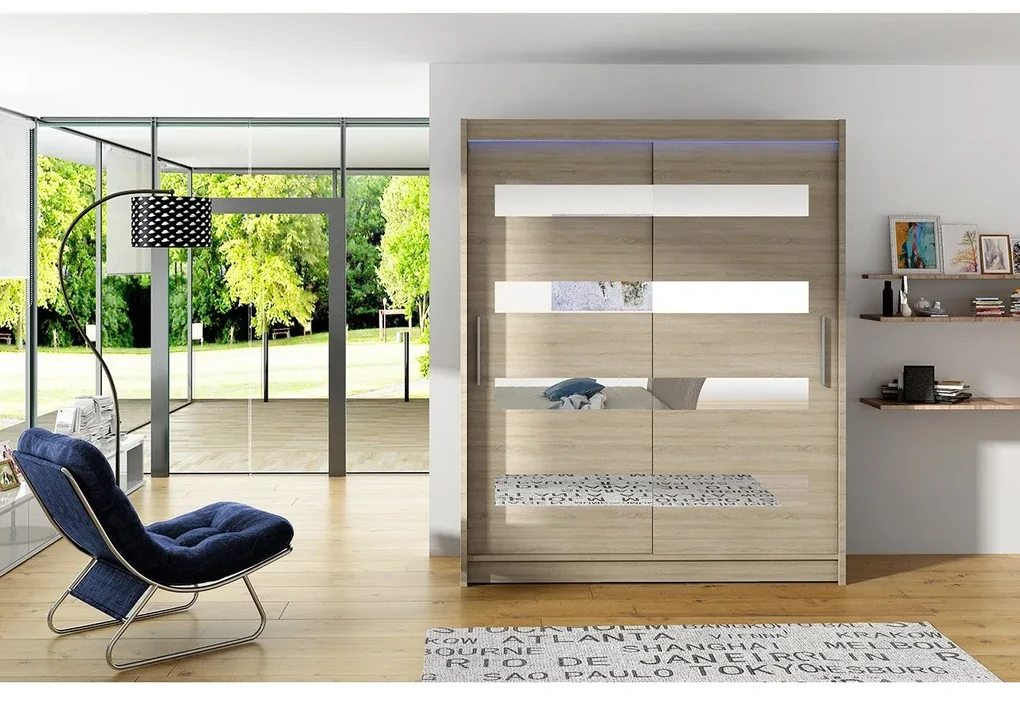Skriňa s posuvnými dverami Presto XIII, Farby: sonoma, Osvetlenie: osvetlenie LED RGB - farebné