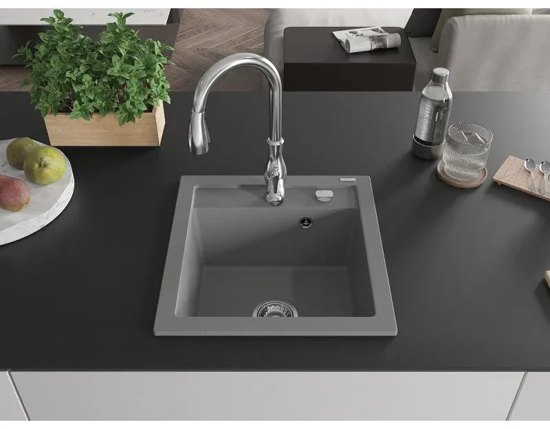 Mexen Vito, 1-komorový granitový drez 520x490x210 mm a drezová batéria Savita, šedá, 6503-71-672601-00