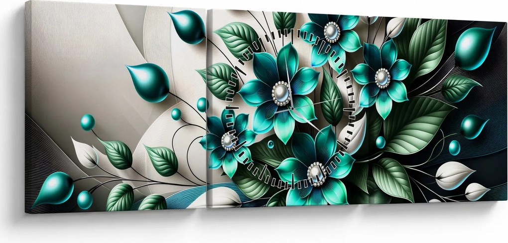 Obraz - 3D tyrkysové kvety (s hodinami) (90x30 cm)