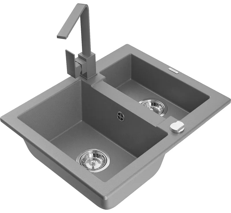 Mexen Carlos, 1,5-komorový granitový drez s odkvapkávačom 582x475x177 mm a šedá kuchynská batéria Rita, šedá, 6518-71-670300-71