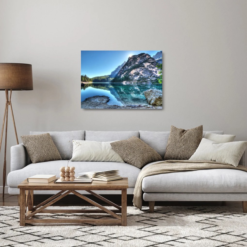 Sklenený obraz vysokohorského jazera (70x50 cm)