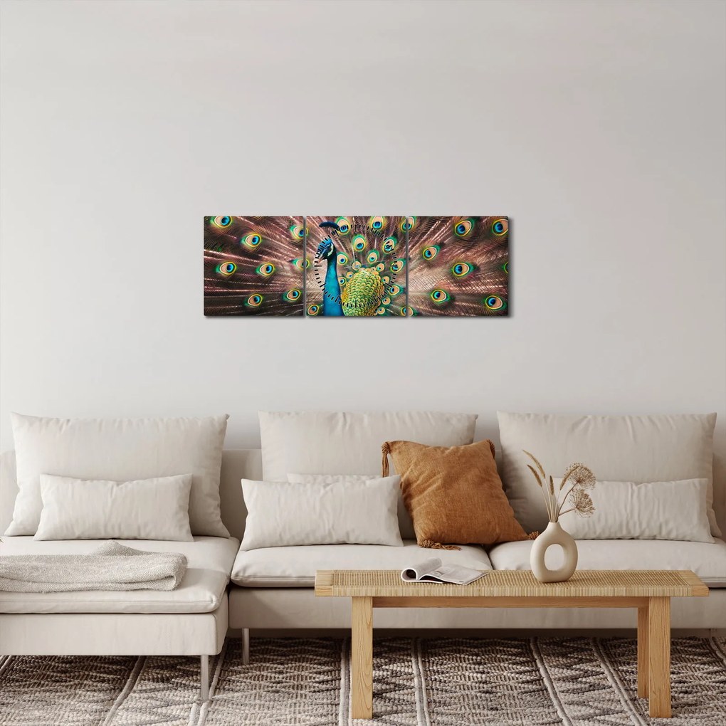 Obraz - Páv (s hodinami) (90x30 cm)
