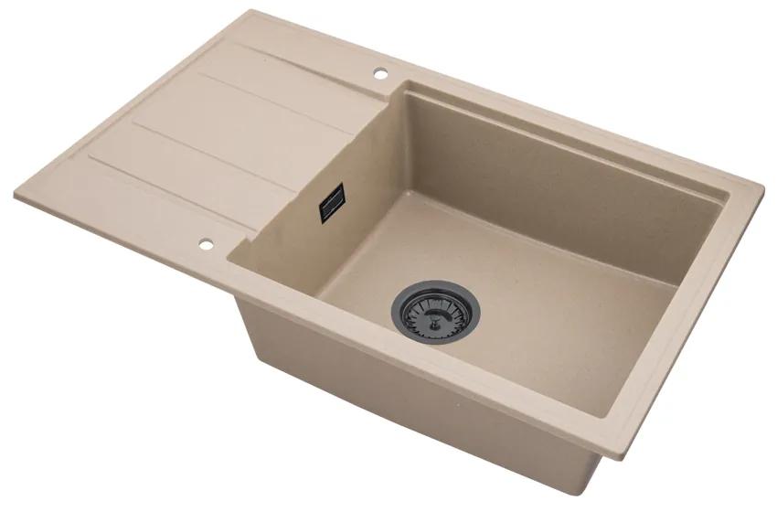 Sink Quality Ferrum New 8010, 1-komorový granitový drez 800x500x210 mm + grafitový sifón, béžová, FER.8010.B.XB