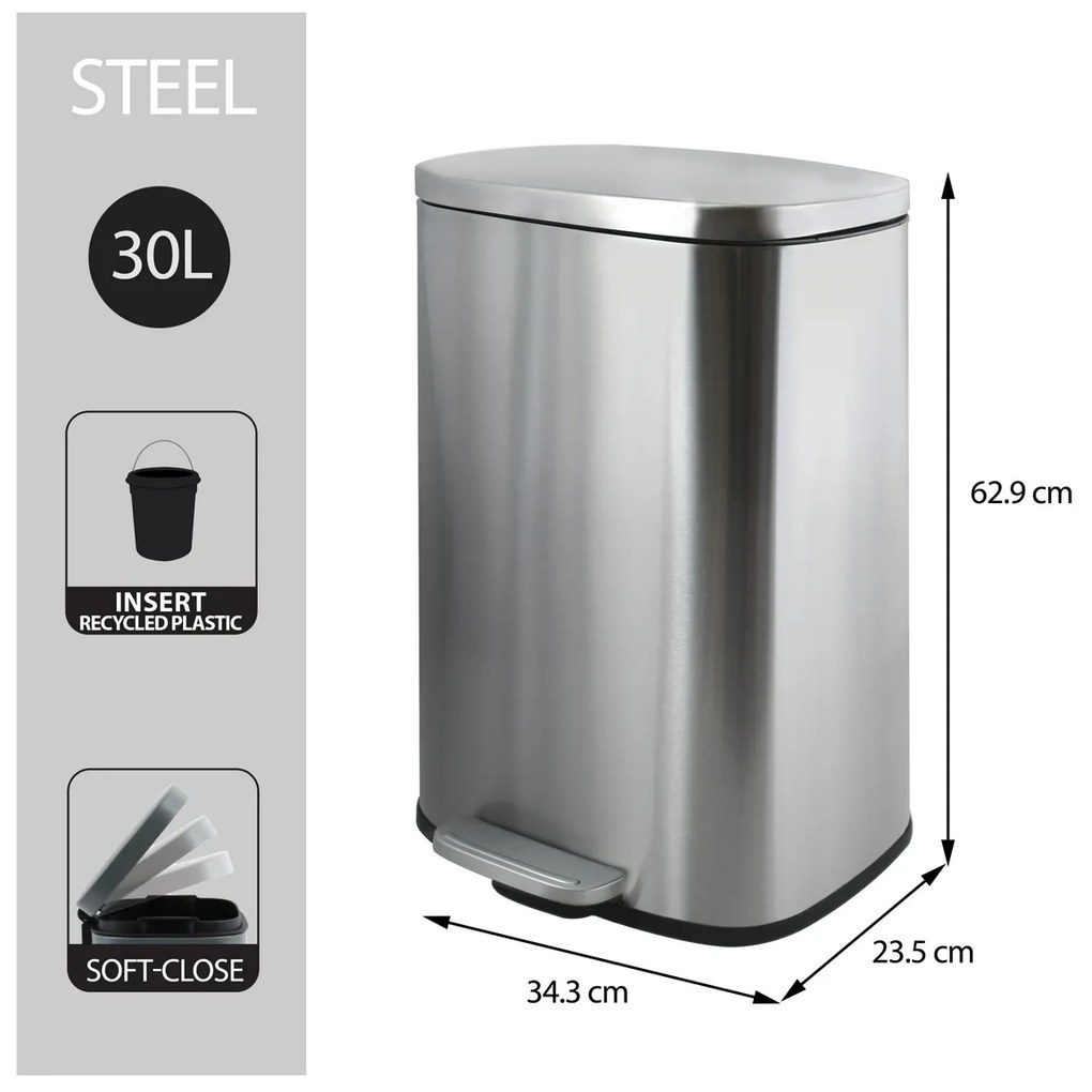Spirella Pedálový odpadkový kôš soft-close Akira 30 l, brúsená nehrdz. oceľ, 30 l