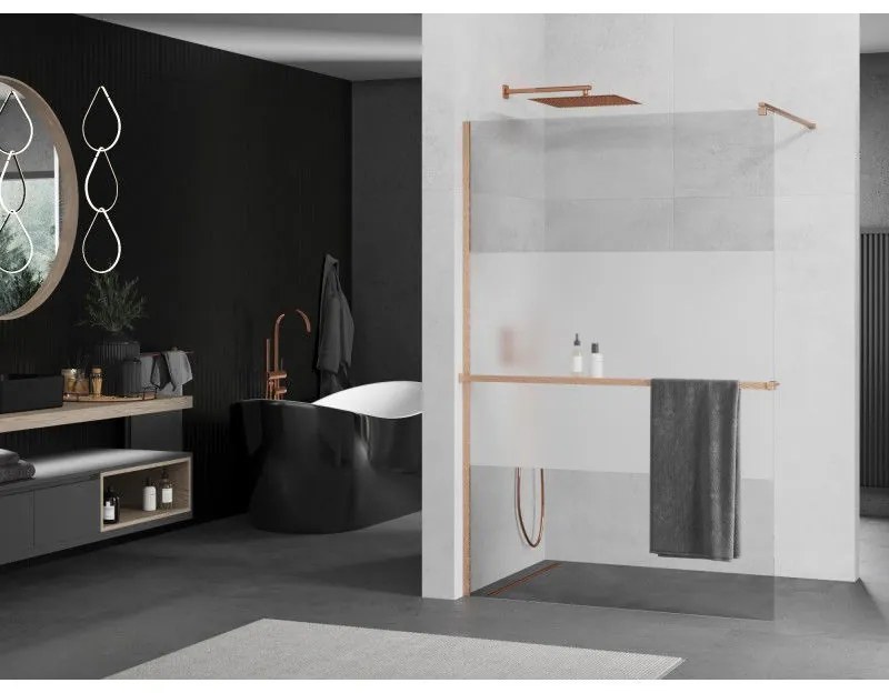 Mexen Kioto+, sprchová zástena Walk-In s poličkou a vešiakom 90 x 200 cm, 8mm číre sklo-námraza, medený matný profil, 800-090-121-65-35