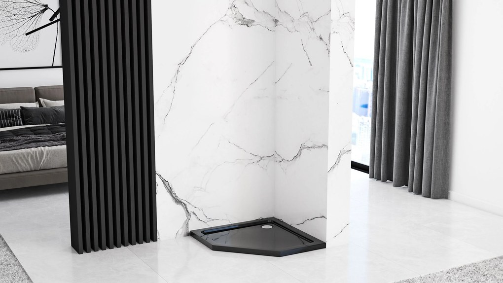 Päťuholníkový sprchovací kút REA DIAMOND 80x80 cm, čierny matný/transparent + vanička Diamond biela