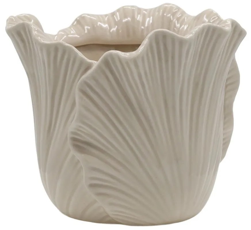 Béžový obal na kvetináč so vzorom listov Fayence - Ø 16*13 cm