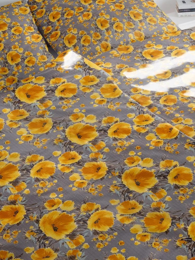 Polášek Krepové obliečky Drobné kvietky - Žltá / šedá | 140 x 200 cm / 70 x 90 cm