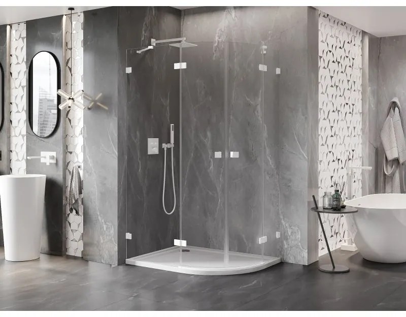 Mexen Lunar, polkruhový sprchový kút naklápací doľava 100 x 80 cm, 8mm číre sklo, biely profil, 833-100L-080P-20-00