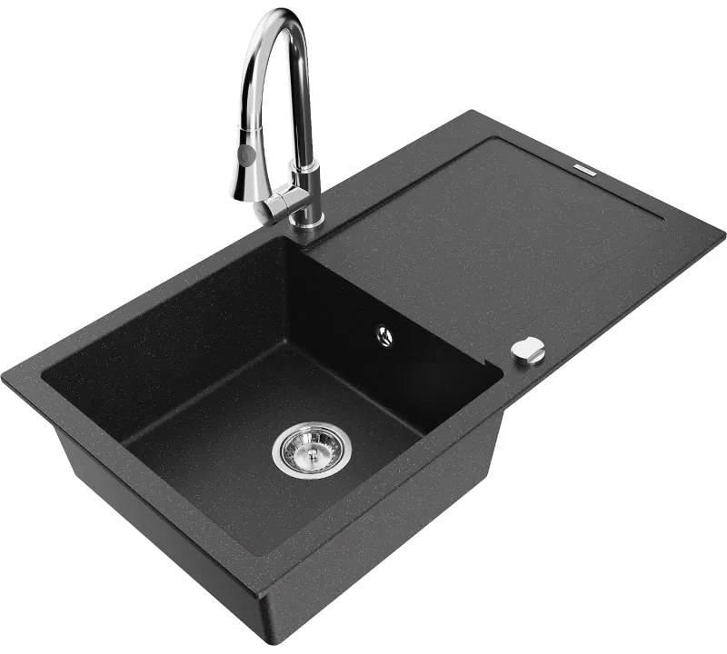 Mexen Leo, 1-komorový granitový drez 900x500x190 mm a drezová batéria Elia, čierna-strieborná metalíza, 6501-73-670101-00