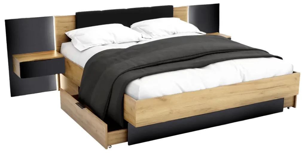 Manželská posteľ ARKADIA + rošt a doska s nočnými stolíkmi, 160x200, dub Kraft zlatý/čierna