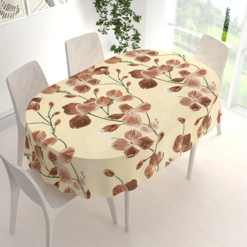 Biante Bavlnený oválny obrus Sandra SA-536 Hnedé orchidey na vanilkovo žltom 60x100 cm