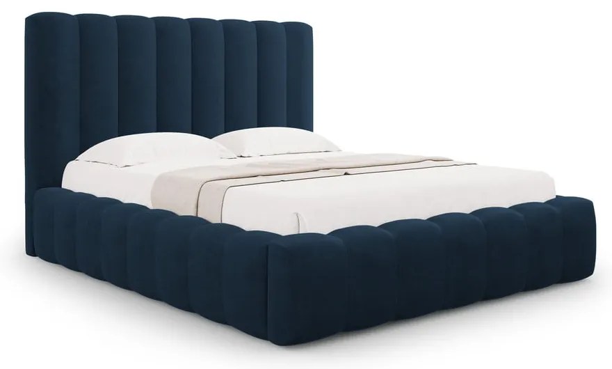 Tmavomodrá čalúnená dvojlôžková posteľ s úložným priestorom a roštom 180x200 cm Kelp – Micadoni Home