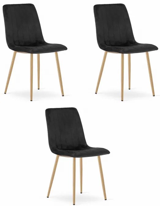 Set troch jedálenských stoličiek LAVA zamatové čierne / drevené nohy (3 ks)