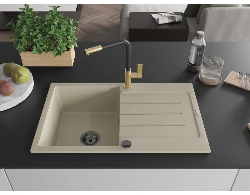 Mexen Bruno, 1-komorový granitový drez 795x495x200 mm a drezová batéria Flora, béžová, 6513-69-670401-57-B