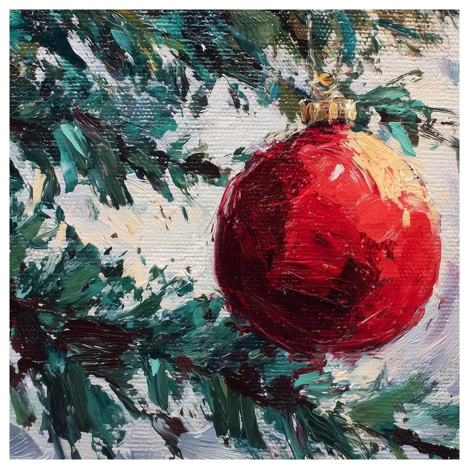 Vianočný obraz červená guľa a vetvičky