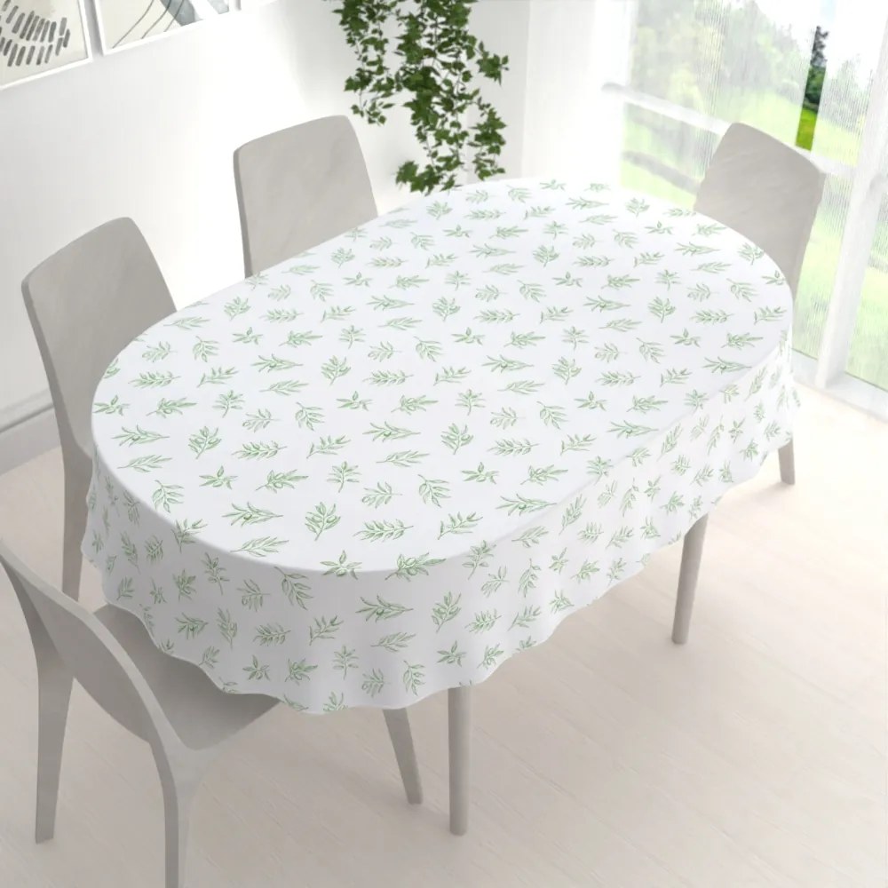 Biante Teflónový oválny obrus TF-113 Zelené olivové vetvičky na bielom 80x120 cm