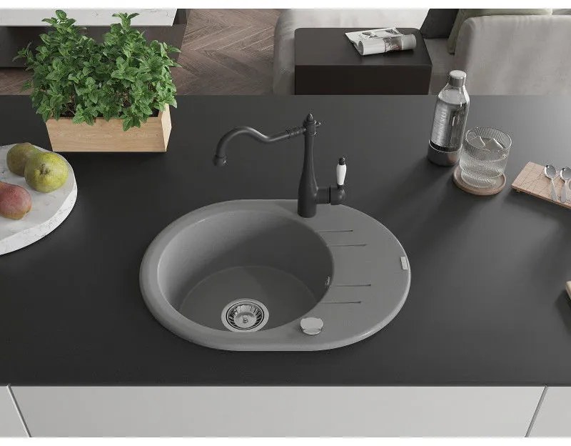 Mexen Kevin, drez granitový 586x458x190 mm, 1-komorový a drezová batéria Carla, šedá, 6517-71-670700-70