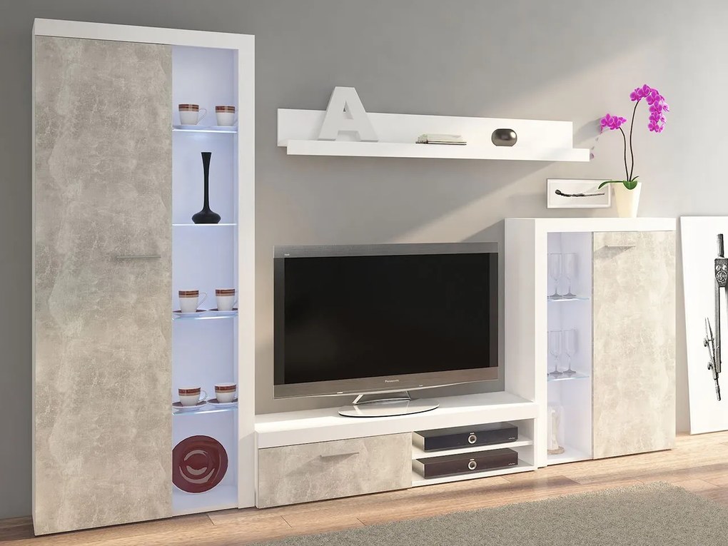 Obývacia stena Rodos, Farby: biela + beton svetlý, Osvetlenie: osvetlenie LED