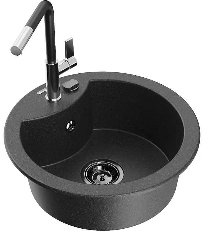Mexen Diego, 1-komorový granitový drez 488x488x167 mm a drezová batéria Flora, čierna škvrnitá, 6512-76-670401-07-B