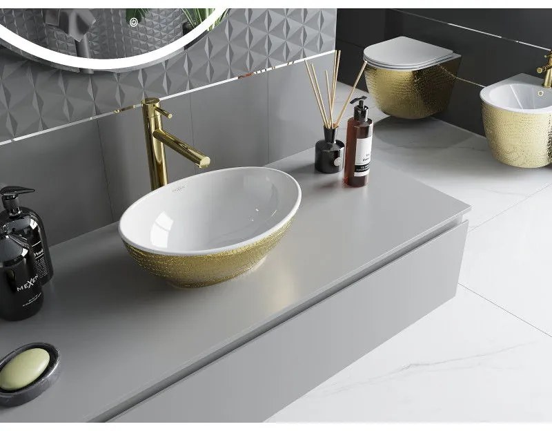 Mexen Elza, keramické umývadlo na dosku 405 x 330 mm, biela-zlatý vzor, 21014008
