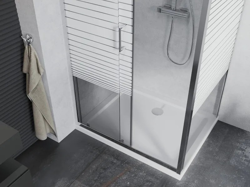 Mexen Apia, sprchový kút s posuvnými dverami 100 (dvere) x 70 (stena) cm, 6mm číre-pásy sklo, chrómový profil + slim sprchová vanička 5cm, 840-100-070-01-20-4010
