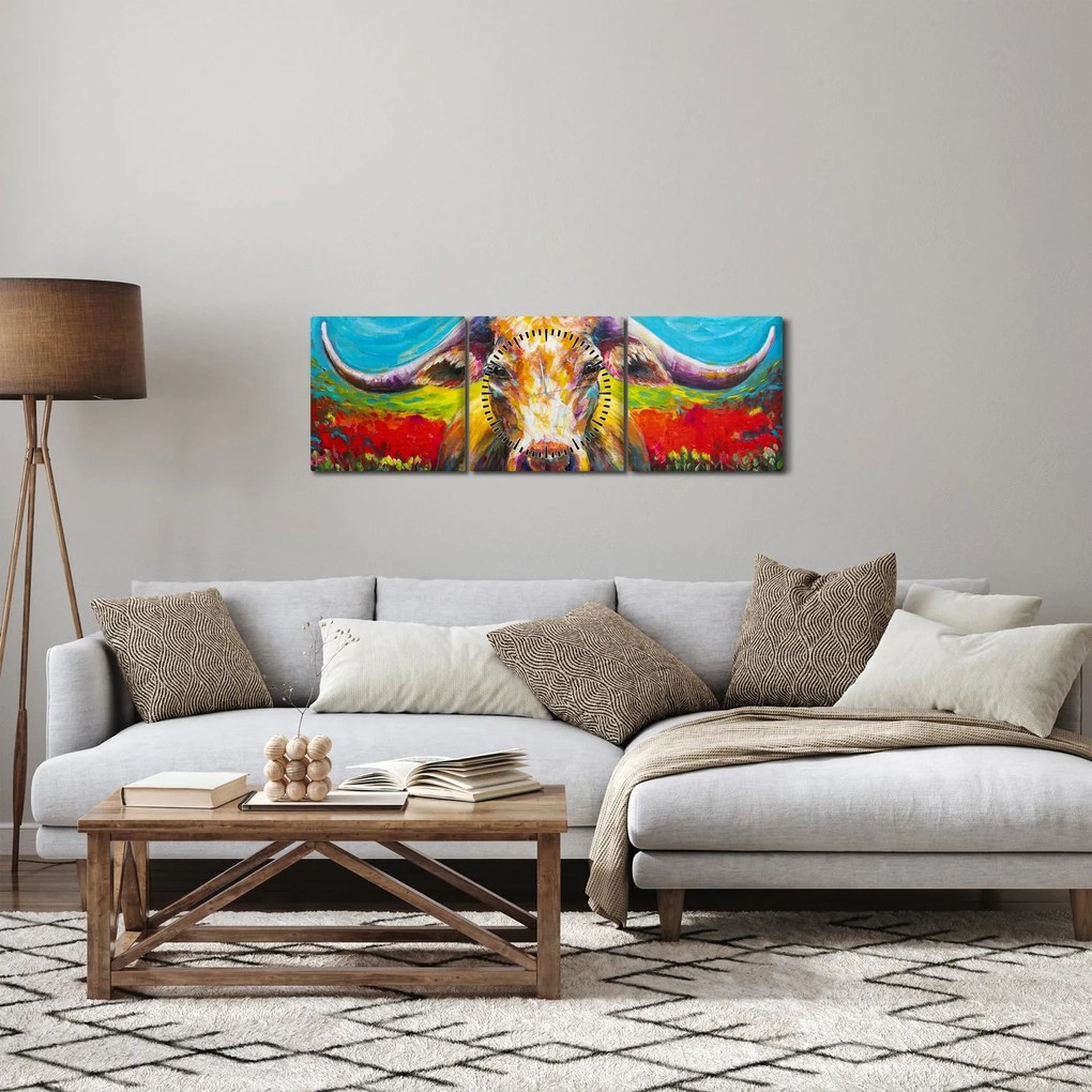 Obraz - Maľovaná krava (s hodinami) (90x30 cm)