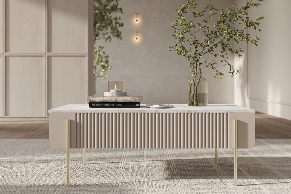 Kávový stolík Malmi 100 cm so zásuvkami - kasmír / krémová biela / zlaté nohy
