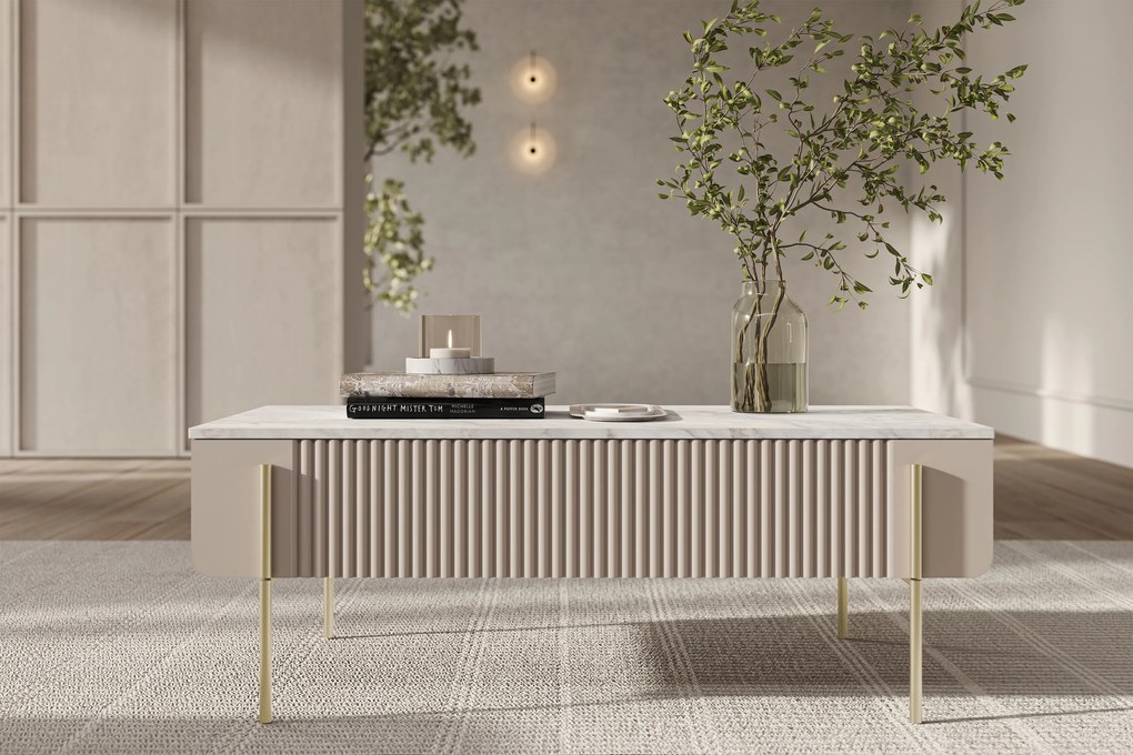Konferenčný stolík so zásuvkami Malmi 100 cm - kašmír / crema bianca / zlaté nožičky