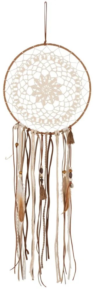 Hnedý lapač snov s korálkami a pierkami Boho -  Ø 25*78cm
