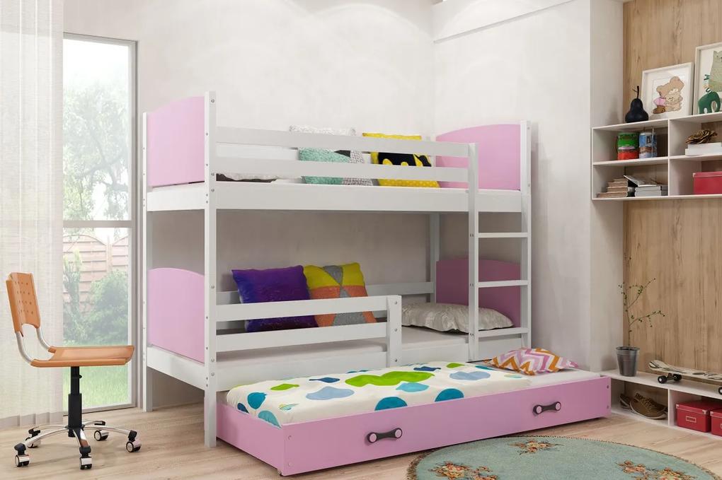 Poschodová posteľ s prístelkou TAMI 3 - 160x80cm - Biela - Ružová