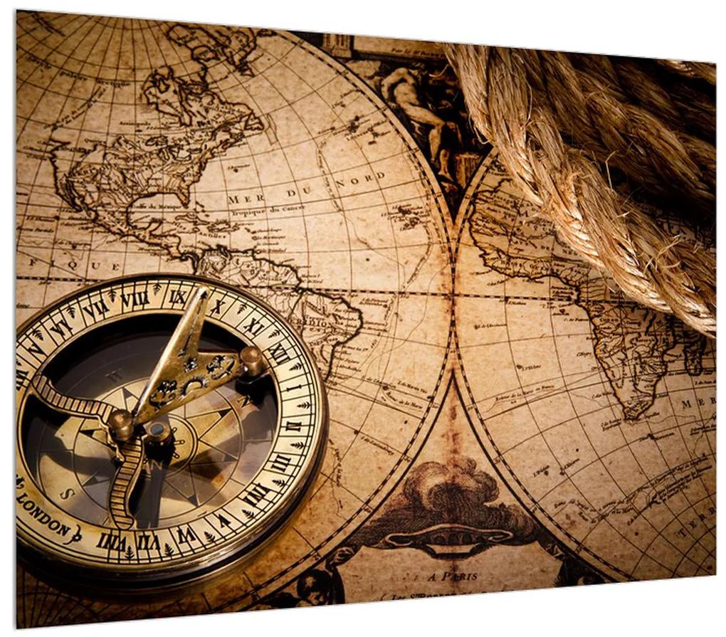 Historický obraz mapy sveta a kompasu (70x50 cm)