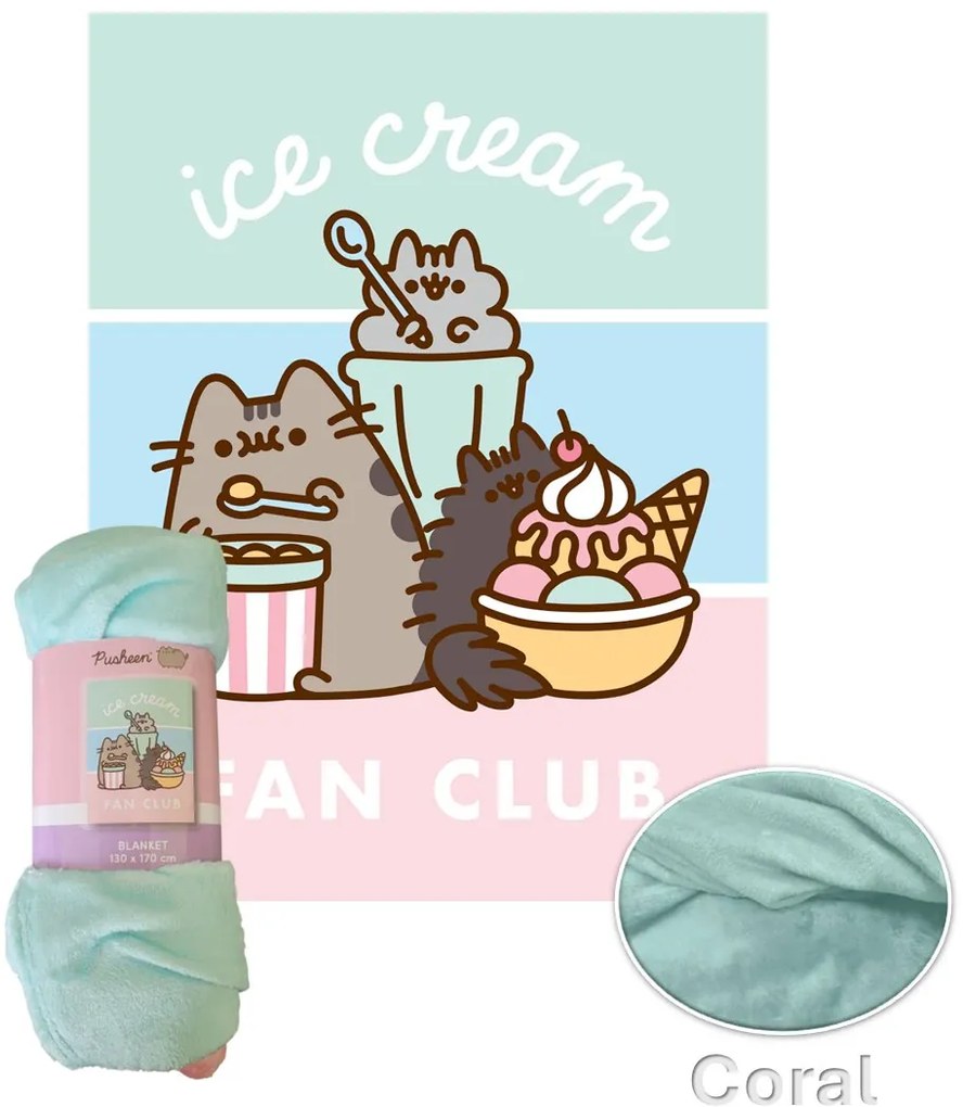 Coral fleece deka mačička Pusheen - motív Ice Cream Fan Club - 130 × 170 cm