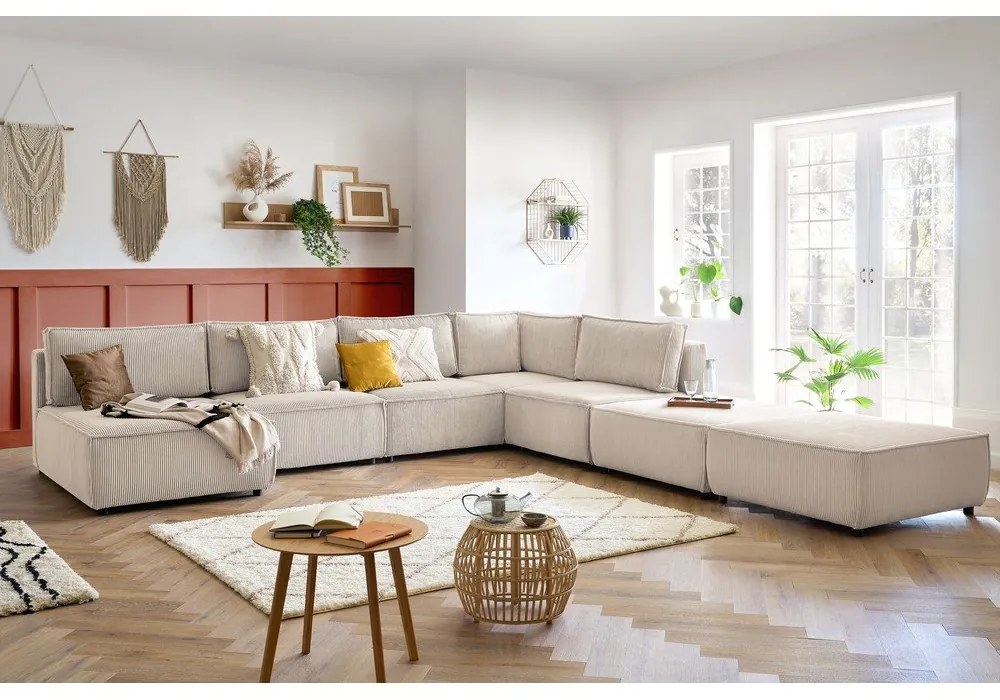 Krémovobiela menčestrová rohová pohovka (do tvaru "U"/variabilná) Nihad modular – Bobochic Paris