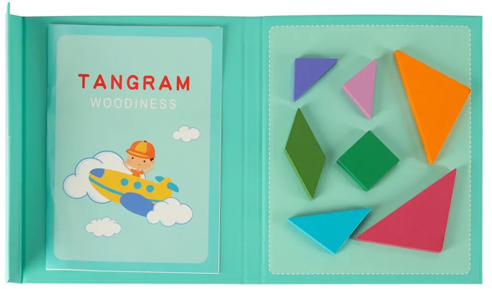KIK Magnetická knižka Tangram 3D – drevený magnetický puzzle set pre deti, Montessori