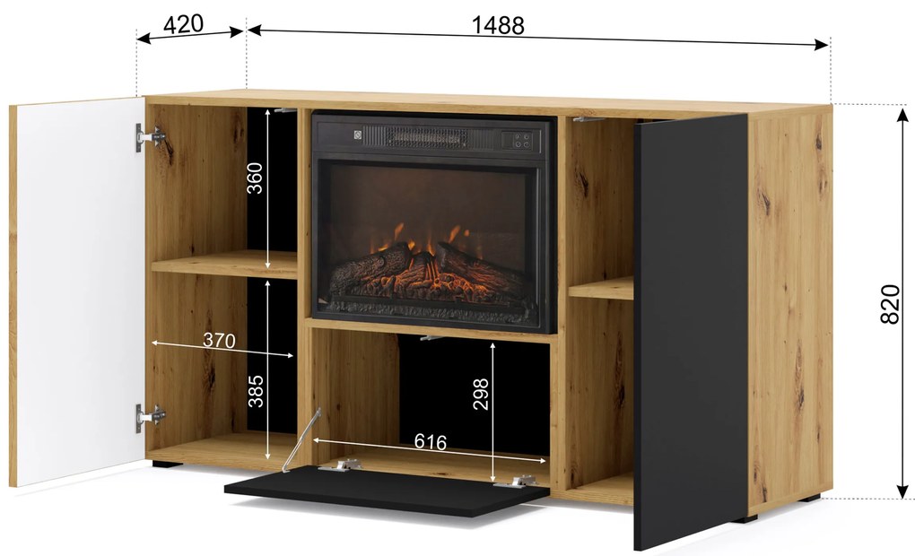 Skrinka s krbom Aurella (čierna + dub artisan). Akcia -20%. Vlastná spoľahlivá doprava až k Vám domov. 1124876
